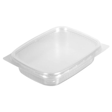 Yeniden kullanılabilir plastik şeffaf kutu. Yemek, piknik, salata. Beyazlar arasında izole edilmiş dükkan için.