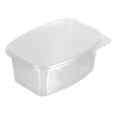 Yeniden kullanılabilir plastik şeffaf kutu. Yemek, piknik, salata. Beyazlar arasında izole edilmiş dükkan için.