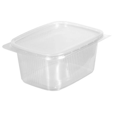 Yeniden kullanılabilir plastik şeffaf kutu. Yemek, piknik, salata. Beyazlar arasında izole edilmiş dükkan için.