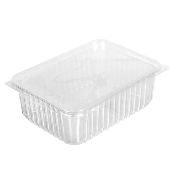 Yeniden kullanılabilir plastik şeffaf kutu. Yemek, piknik, salata. Beyazlar arasında izole edilmiş dükkan için.