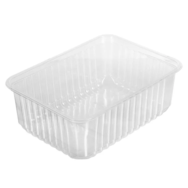 Yeniden kullanılabilir plastik şeffaf kutu. Yemek, piknik, salata. Beyazlar arasında izole edilmiş dükkan için.