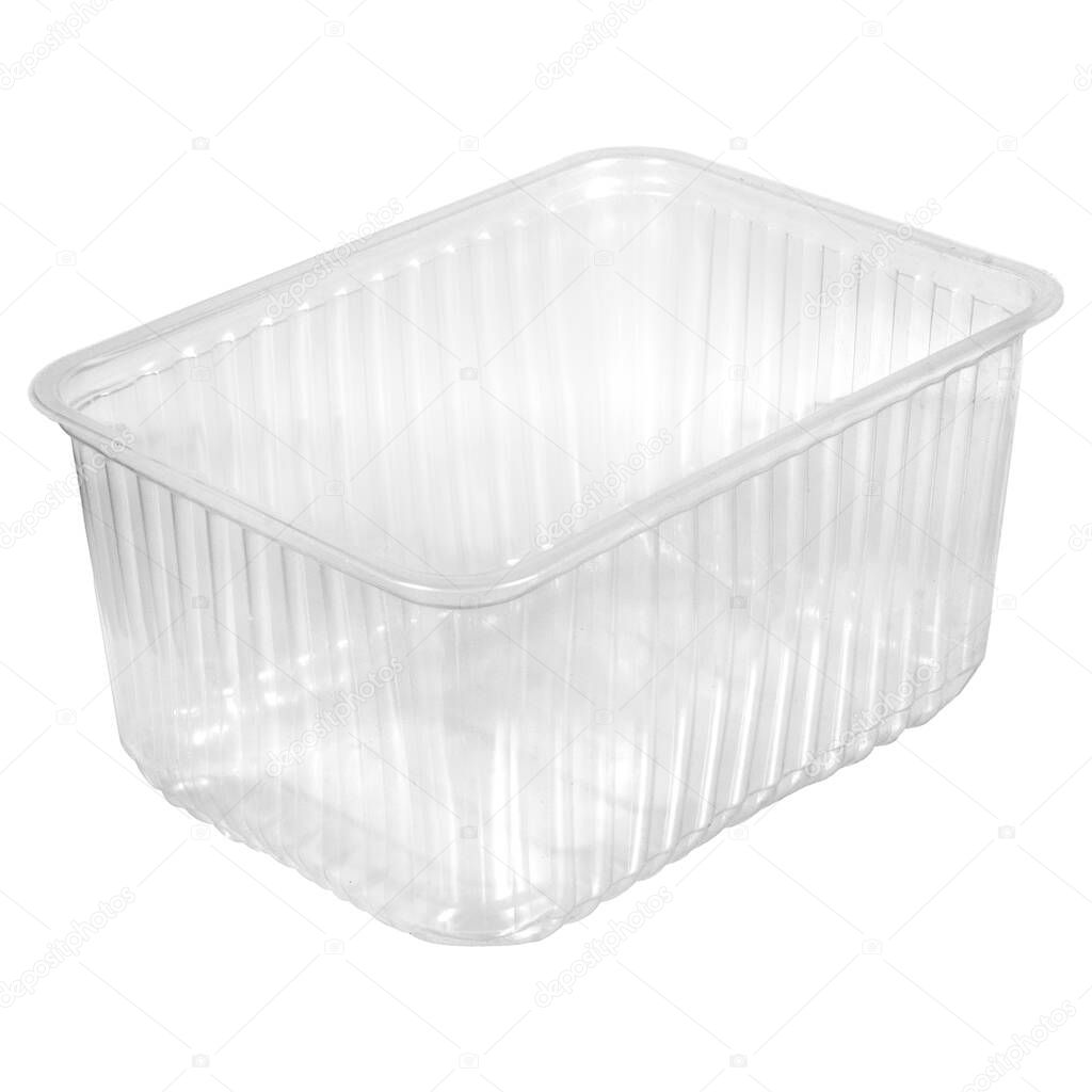 Reusable plastic transparent box for takeaway food, picnic, salad for shop isolated on white
