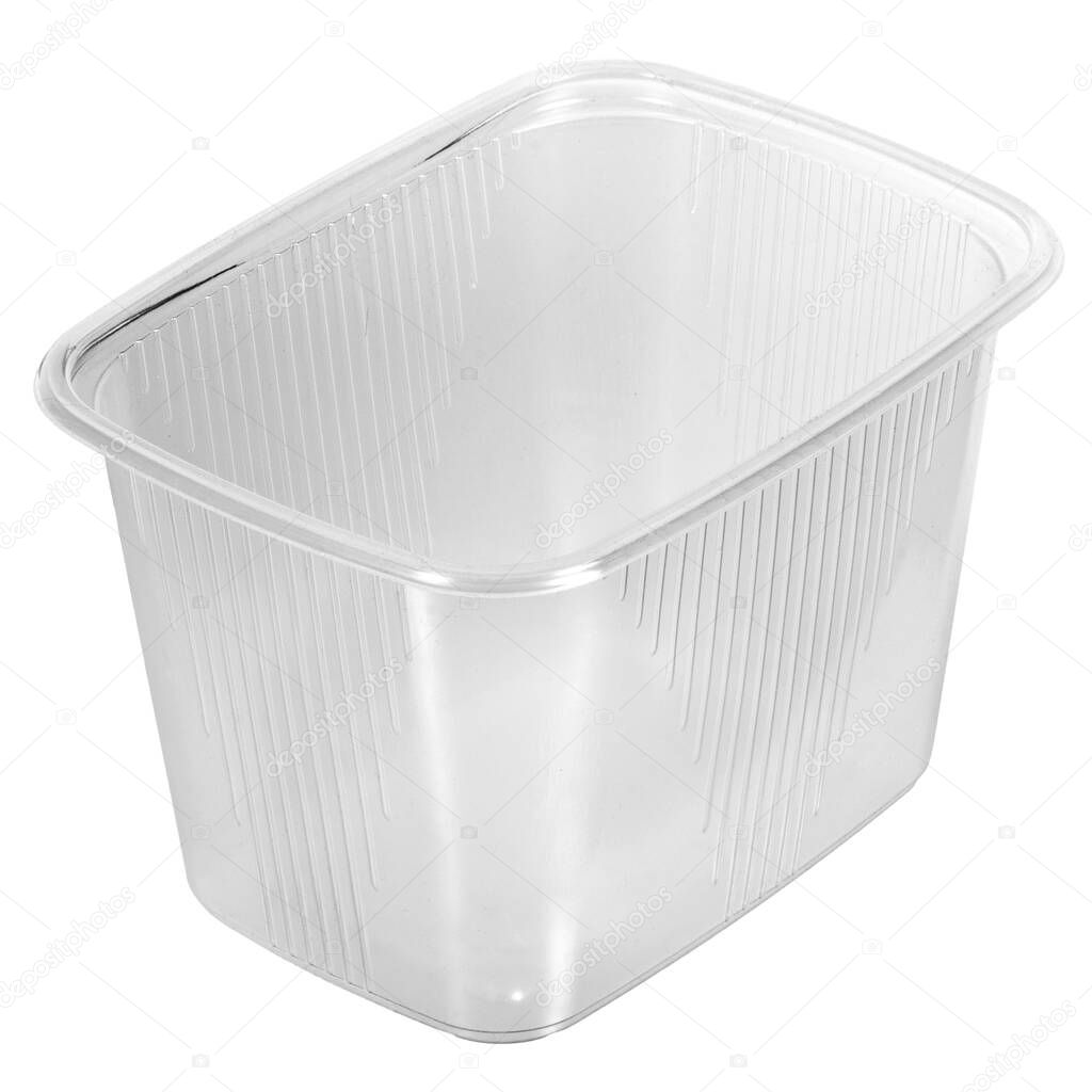 Reusable plastic transparent box for takeaway food, picnic, salad for shop isolated on white