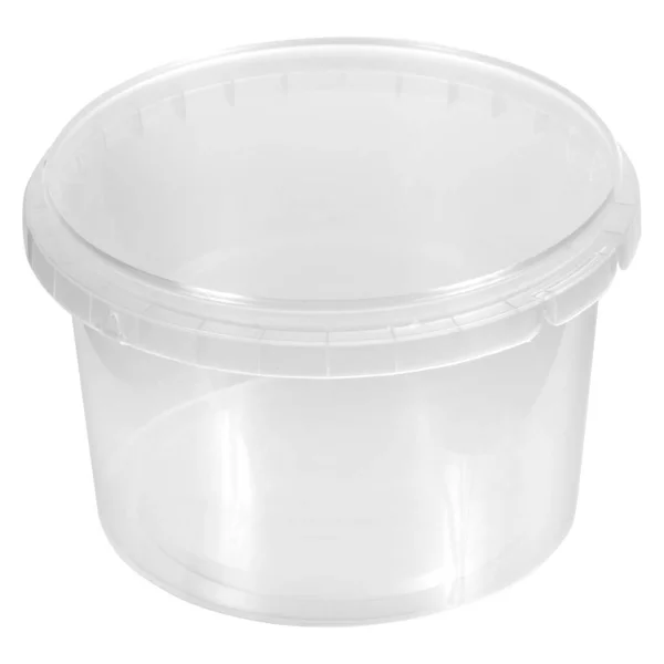 Yeniden kullanılabilir plastik şeffaf kutu. Yemek, piknik, salata. Beyazlar arasında izole edilmiş dükkan için.