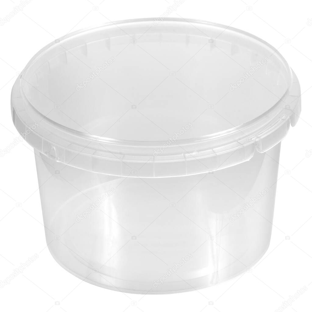 Reusable plastic transparent box for takeaway food, picnic, salad for shop isolated on white