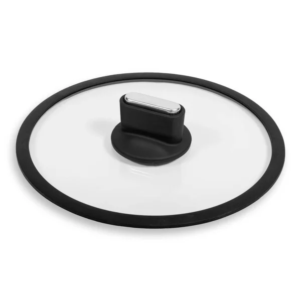 Διαφανές Στρογγυλό Γυάλινο Καπάκι Λεπτό Μαύρο Ελαστικό Χείλος Για Τηγάνισμα — Φωτογραφία Αρχείου