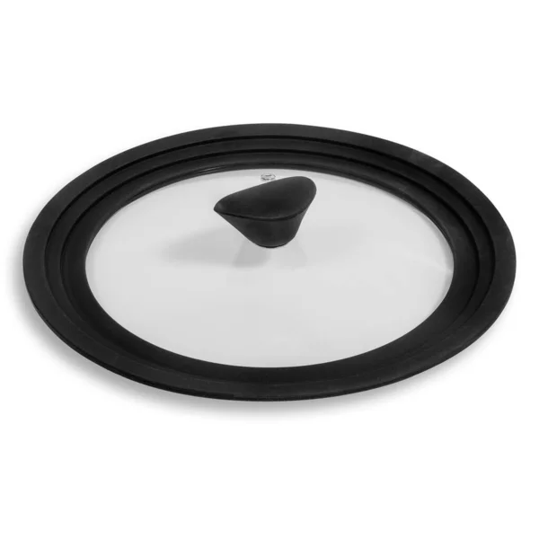 透明的玻璃罩 有薄的黑色橡胶边框 用于煎锅 在白色上孤立的侧视图 — 图库照片