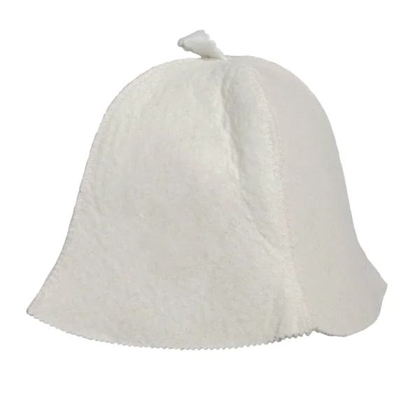 在桑拿浴中戴传统的头保护帽 浅色米黄色 白色孤立 — 图库照片