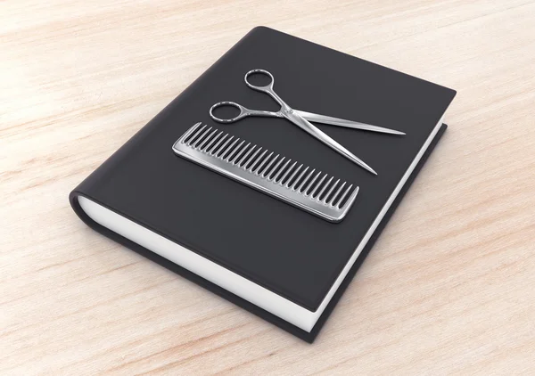 Ferramenta de cabeleireiro em um livro — Fotografia de Stock