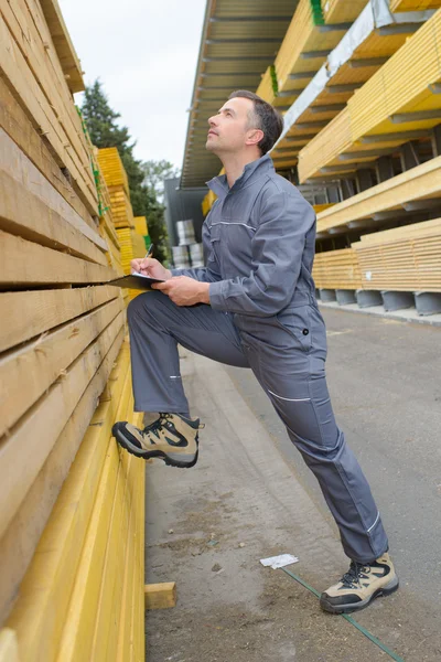 Homem olhando para pilha de madeira e tomando notas — Fotografia de Stock