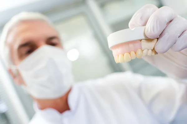 Dentista sosteniendo el molde y el aparato — Foto de Stock