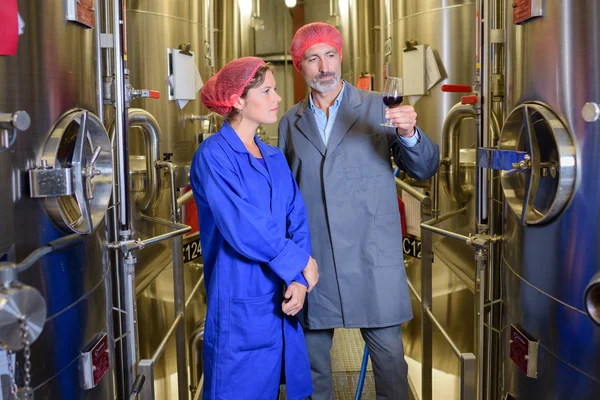 Brewery and tanks and man — Stock Photo, Image