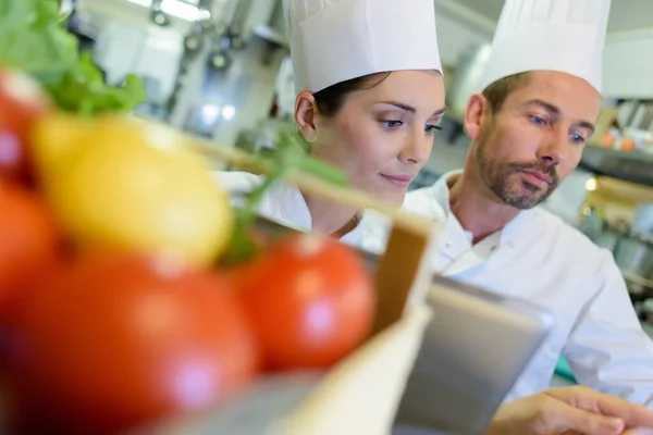 Retrato Dois Chefs Adultos Uma Cozinha — Fotografia de Stock