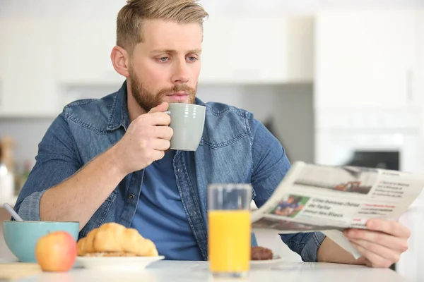 Handsome Young Man Cup Coffee Newspaper — Stock Photo, Image