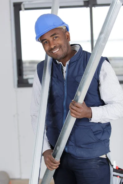 Worker Holding Steel Rebar Building Site — Stock Photo, Image