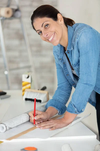Atractiva Señora Carpintero Ocupa Dibujos Durante Trabajo —  Fotos de Stock