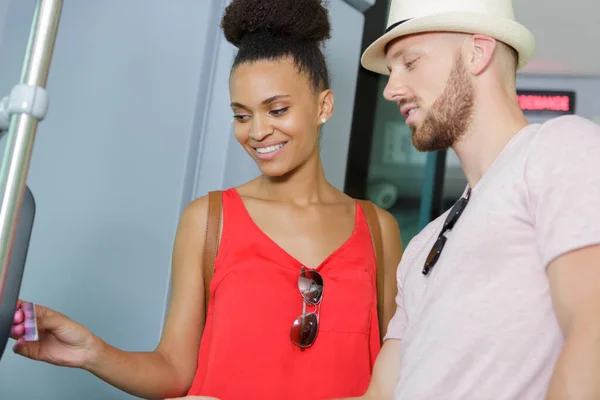 Young Man Woman Riding Together City Bus — Stock Photo, Image