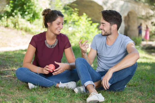 Couple Étudiants Travaillant Extérieur — Photo