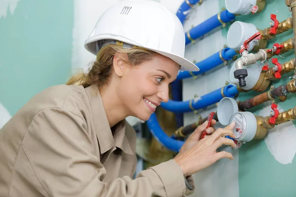 Mujer Feliz Usando Medidor Agua —  Fotos de Stock