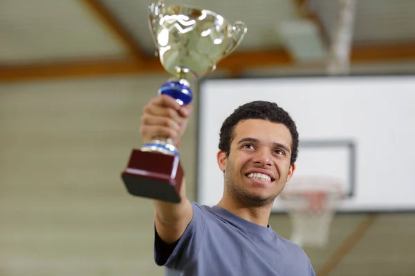 Young Man Holding Basketball Trophy — Stock Photo, Image