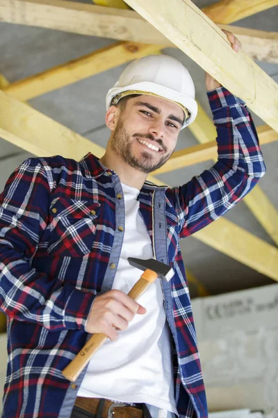 Feliz Carpinteiro Masculino Com Martelo — Fotografia de Stock