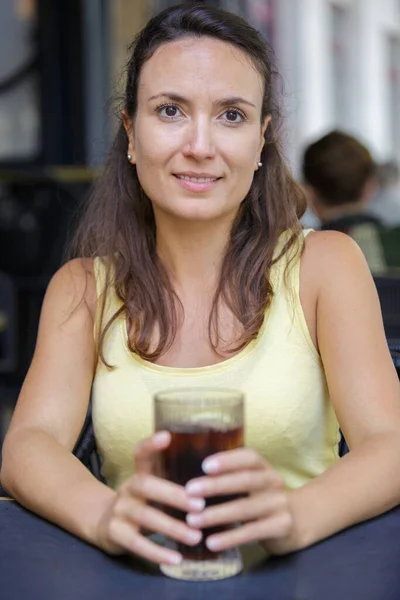 Attractive Young Woman Seated Terrace Soda — Stock Photo, Image