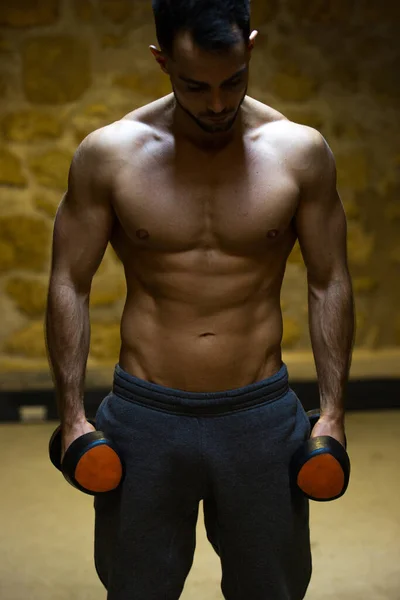 在健身房举重的年轻肌肉男 — 图库照片