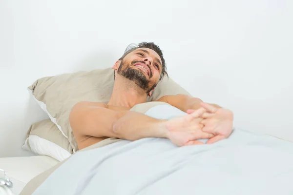 Handsome Guy Waking Stretching Bed — Stock Photo, Image