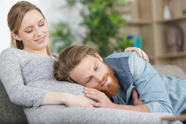 Man Listening His Beautiful Pregnant Wifes Tummy — Stock Photo, Image