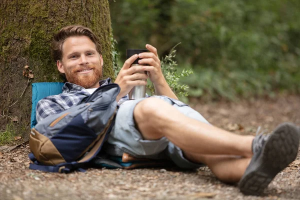 Restful Young Man Middle Forest — Stock Photo, Image