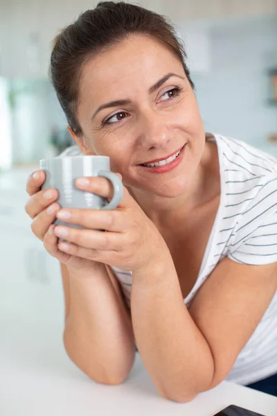 Retrato Uma Morena Atraente Com Uma Caneca — Fotografia de Stock