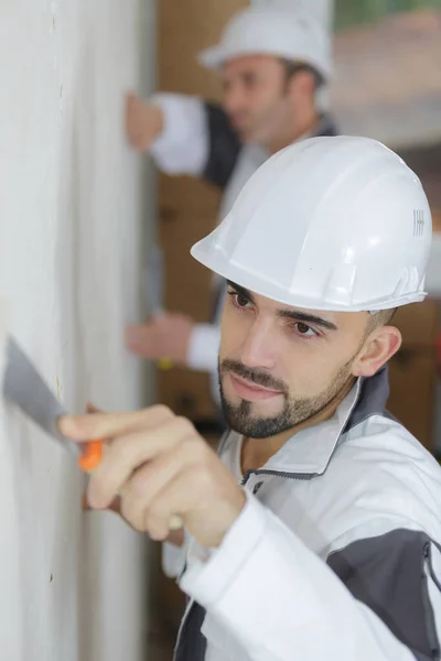 Worker Tiler Put Cement Wall — Stock Photo, Image