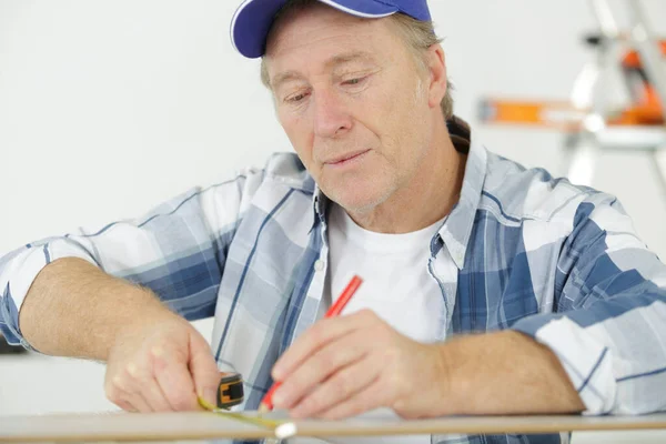 Carpenter Work Measures Wood — Stock Photo, Image