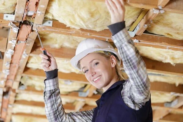 Female Contractor Working Ceiling — Stock Photo, Image