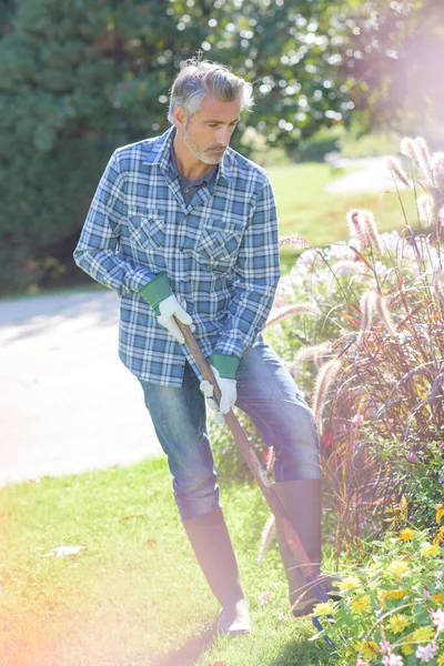 Uomo Che Scava Nel Suo Giardino — Foto Stock