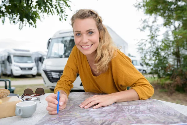 Woman Planning Road Trip Maps — Stock Photo, Image