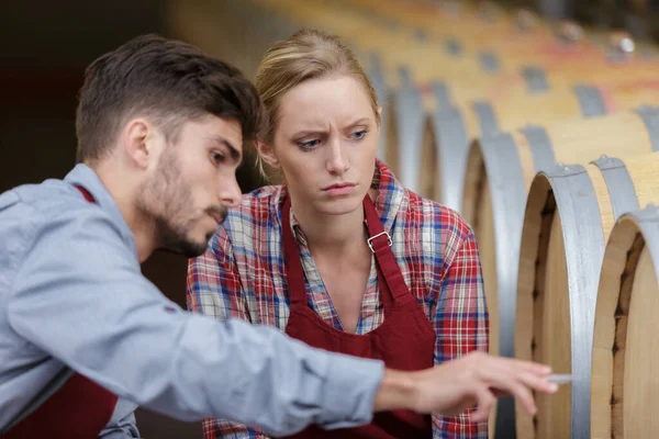 Couple Workers Standing Wine Cellar — Stock Photo, Image
