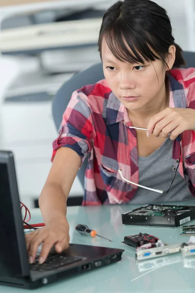 Vrouwelijke Aziatische Computer Technicus Met Behulp Van Laptop — Stockfoto