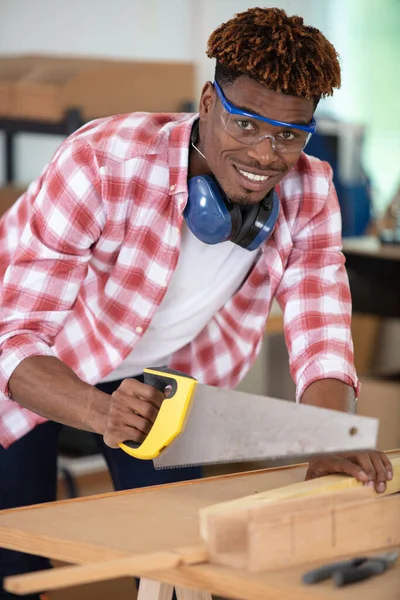 Skilled Carpenter Cutting Wood His Woodwork Workshop — 스톡 사진