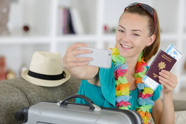 Taking Selfie While Holding Passport Ticket — Stock Photo, Image