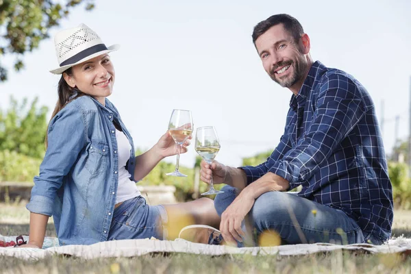 Hermosa Pareja Sonriente Disfrutando Día Picnic Parque — Foto de Stock