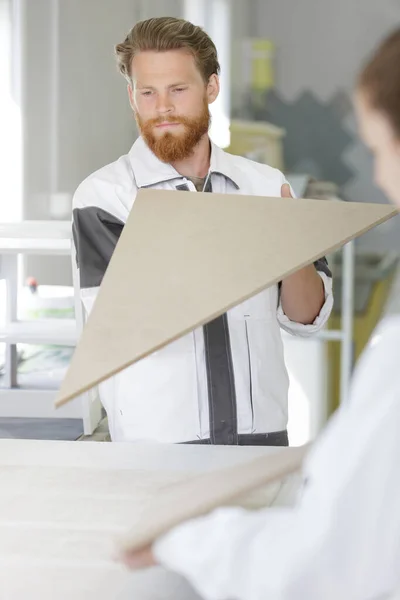 Man Carpenter Holding Finished Product Made Wood — Stock Photo, Image