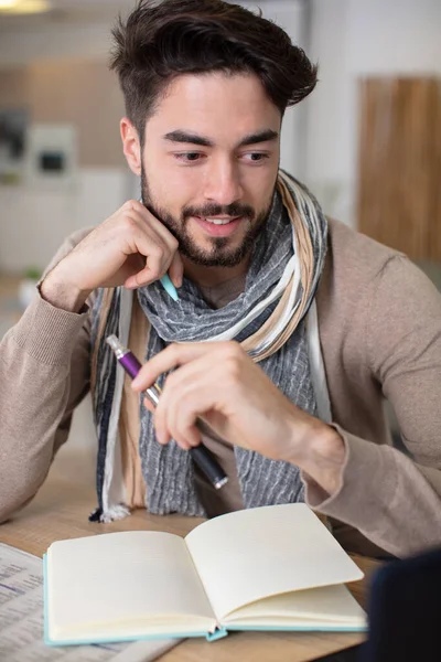 Close Portrait Young Man Writing Notebook — Stock Photo, Image