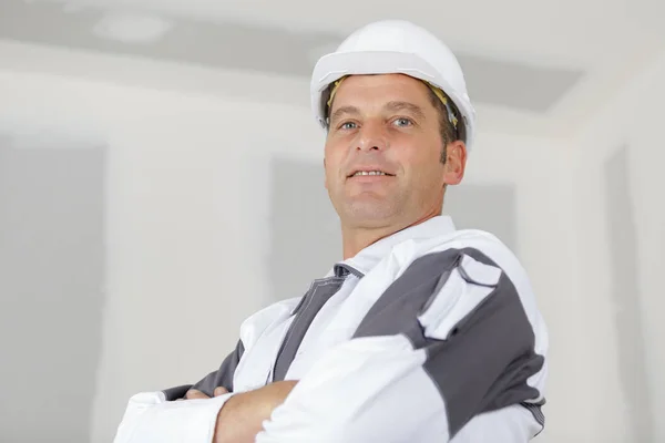 Trabajador Constructor Feliz Sitio Construcción —  Fotos de Stock