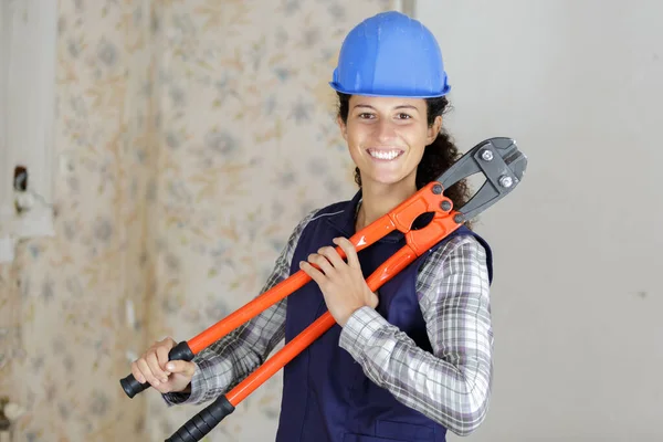 Worker Woman Big Scissors Looking Camera — Stock Photo, Image