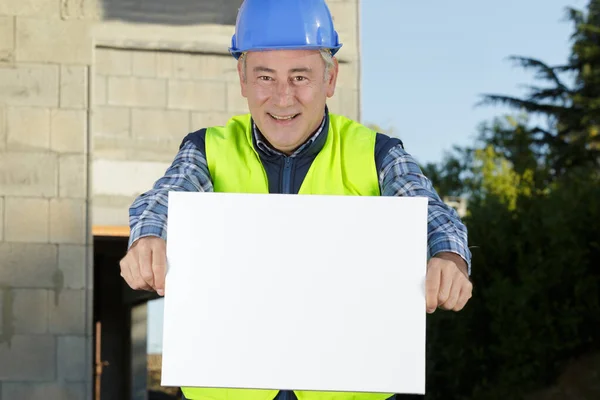 Middle Age Builder Man Pointing Finger White Blank Banner — Stock Photo, Image