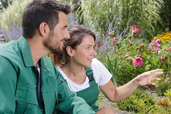 Gardeners Man Woman Taking Care Plants — Foto Stock