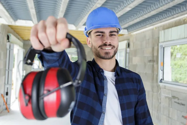 Man Bouwer Met Gehoorbescherming — Stockfoto