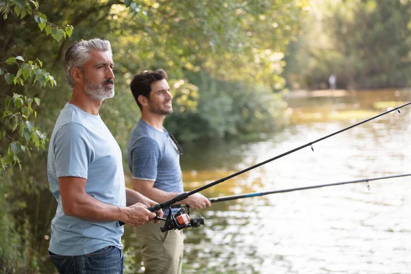 Friends Men Fishing Rod River — Fotografia de Stock