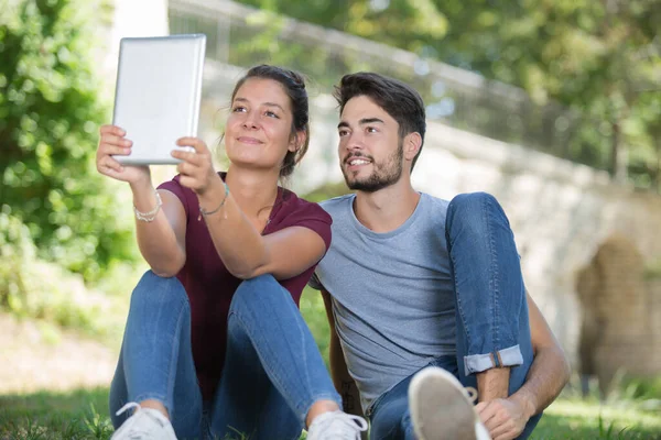 Young Couple Taking Selfie Tablet Street — 스톡 사진